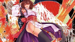 Leaves dress hats red eyes fans anime girls brunettes short 