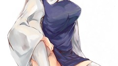 Leaves dress white background red eyes sitting Ropes stockings 