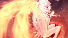 Leaves fire Mountains wings white hair red eyes sitting flames 