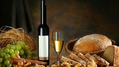 Leaves glass wine white bread grapes