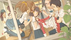 Leaves glasses dress schoolgirls blush anime girls school 