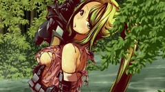 Leaves gloves Swords green eyes ponytails green hair ripped