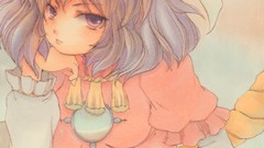 Leaves goddess red eyes sitting Ropes skirts blush blue hair 