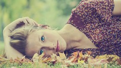 Leaves grass woman outdoors blondes blue eyes
