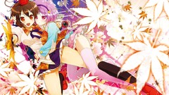 Leaves hats flying red eyes Ribbons fans skirts hugging blush 