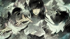 Leaves headphones buildings anime boys