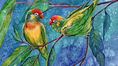 Leaves nature branches Birds Parrots watercolor paintings 