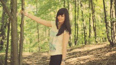 Leaves nature Green woman bokeh bracelets smiling long hair 