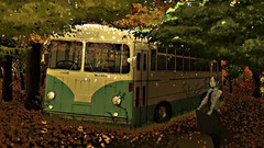 Leaves nature Trees autumn bus anime girls pantyhose skirt lift