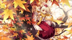 Leaves nature Trees autumn hats white hair red eyes sitting 