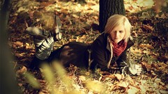 Leaves nature Trees autumn woman blondes short hair lying down 