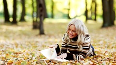 Leaves nature Trees autumn woman Parks blondes smiling reading 