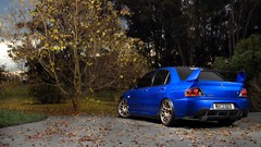 Leaves nature Trees blue Mitsubishi racing cars Mitsubishi Evo 