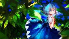 Leaves nature Trees dress Ribbons bows blue hair anime girls 