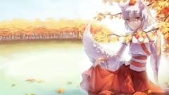 Leaves nature Trees water autumn hats white hair red eyes 