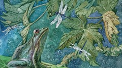 Leaves nature watercolor insects paintings hunting Frogs 