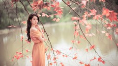 Leaves nature woman asians brunettes