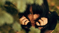 Leaves nature woman brunettes bangs forests