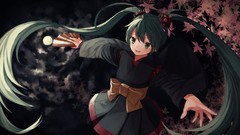 Leaves night moon fans long hair anime girls green eyes hatsune 