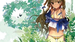 Leaves Plants anime girls brown eyes brunettes bikini original 