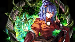 Leaves Plants dress goddess red dress Ropes vines blue hair 