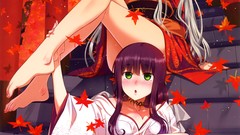 Leaves plates sitting belts blush long hair barefoot anime 