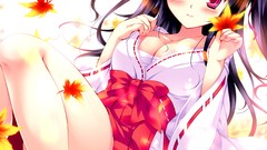 Leaves red eyes blush long hair anime girls cleavage hair 