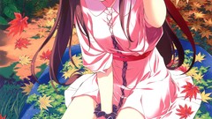 Leaves red eyes long hair anime girls autumn leaves yukata Fumio