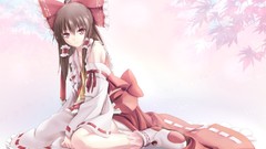 Leaves red eyes Ribbons sitting bows long hair brunettes 