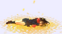 Leaves scarfs school uniforms black hair purple background 