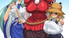 Leaves snakes dress blue background goddess staff red eyes 