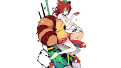 Leaves stones bamboo glasses dress white background red eyes 