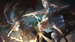 Leaves stones night fire weapons Fairies fight dress hats 