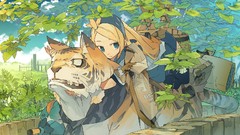 Leaves teeth Tigers blondes skirts long hair anime girls blue 