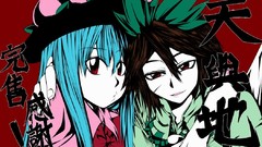 Leaves text hats scars peaches red background red eyes faces 