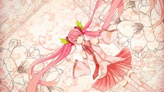 Leaves tie cherries skirts pink hair long hair pink eyes 