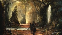 Leaves Trees autumn Horses Knights forests artwork fantasy art 