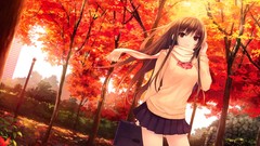 Leaves Trees autumn red eyes schoolgirls buildings bows skirts 