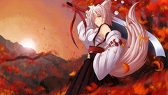 Leaves Trees autumn weapons hats white hair Swords short hair 