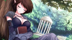 Leaves Trees bench sleeping dress elves gloves sitting anime 