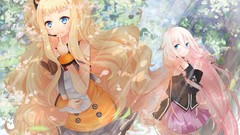 Leaves Trees blondes skirts long hair anime girls blue eyes 