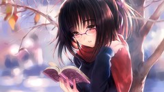 Leaves Trees Books glasses scarfs blush anime girls brown eyes 