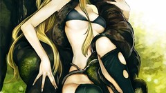 Leaves Trees branches blondes anime girls bra bottomless long 