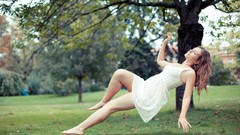 Leaves Trees feet woman hands dress flying earrings falling 