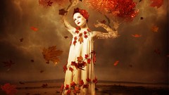 Leaves Trees seasons autumn woman drawings redheads surreal 