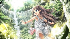 Leaves Trees summer Anime dress waterfalls anime girls blue 