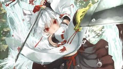 Leaves Trees water weapons Katana hats waterfalls white hair 