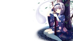 Leaves Trees water weapons Katana white background white hair 