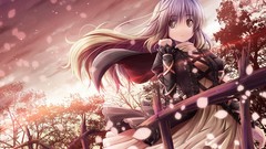 Leaves Trees wind Anime dress white hair anime girls skies 