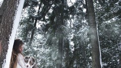 Leaves Trees winter cold woman Dogs sleeping forests